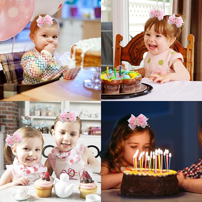 Birthday Hair Clips for Baby Girls - 2Pc Pink Sprinkle Bow Hair Clips for 2nd Birthday Glitter Ice Cream Baby Bow Party Decorations for Girls Toddlers Hair Accessories (Pink-2 Years)