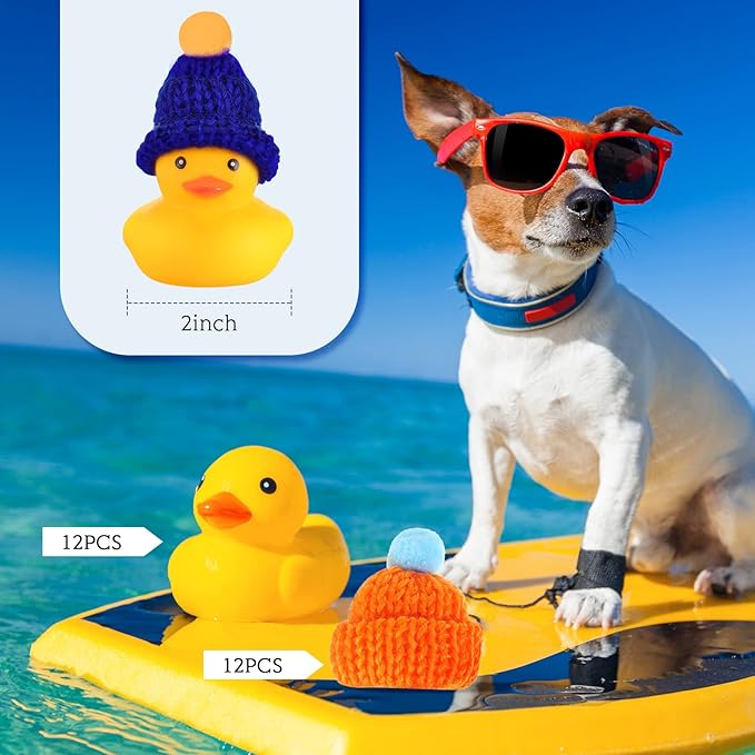 Chivao 12 Pcs Rubber Ducks with 12 Sunglasses/ Hats/ Headwear Small Mini Carnival Cruise Birthday Rubber Duckies Bathtub Toys in Bulk(Duck with Hats,Yellow)
