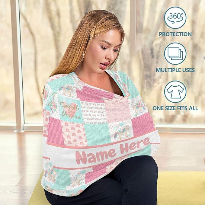 Personalized Colorful Rainbow Baby Car Seat Cover for Babies with Name, Custom Pink Baby Car Seats Canopy for Girls, Nursing Breastfeeding Stroller Covers Infant Car Seat Blanket for Newborn