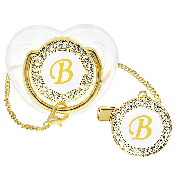 Bling Personalized Baby Pacifier with Pacifier Clips and Anti-dust Cover A-Z 26 Letters(Gold Transparent,B)