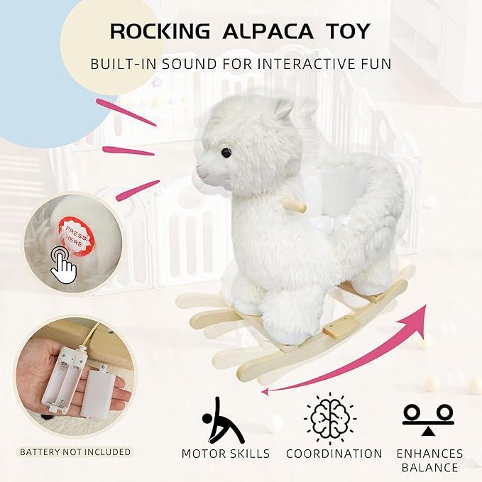 Alpaca Baby Rocking Horse for Toddlers 1 Years to 3 Years, Stuffed Plush Ride-on Rocking Animal with Realistic Sound and Music, Wooden Rocking Horse with Seat, Cream Alpaca, CPC Certified