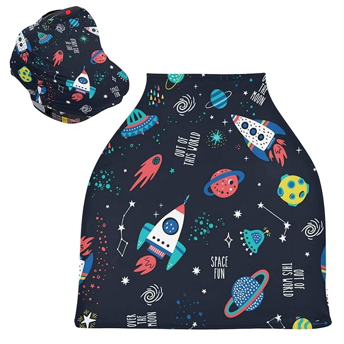 Outer Space Pattern Rocket Planet UFO Star Constellation Nebula Stretchy Baby Car Seat Cover Infant Canopy Nursing Covers Breastfeeding Cover Breathable Windproof Winter Scarf for Boys Girls