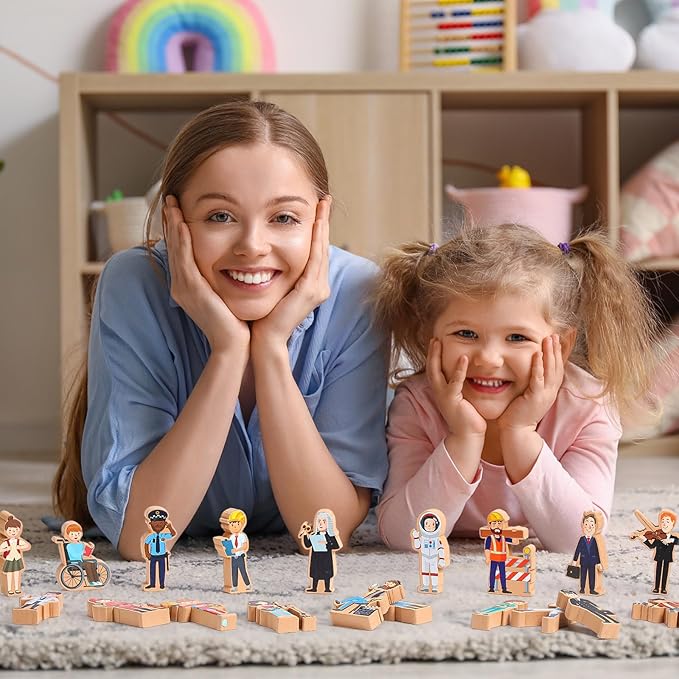 Blosssound 30 Pcs Wooden Community Helpers Toys Multicultural Career Wooden People Figures Small Diversity Professionals Wood Blocks for Preschool Classroom Play Games Educational Activity Supplies