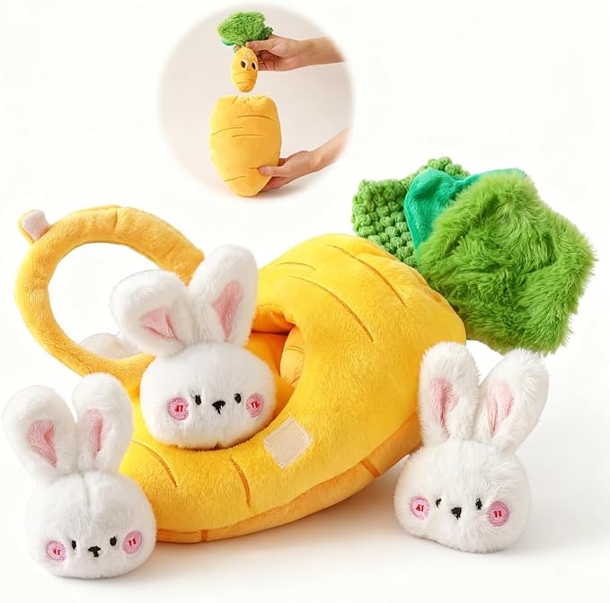 Sensory Carrot House Toy for Babies - Plush Montessori Toy with Mirror, 3 Bunny Rattles & Pull-Out Carrot, Crinkle Leaf, Fine Motor Skills Development, Washable