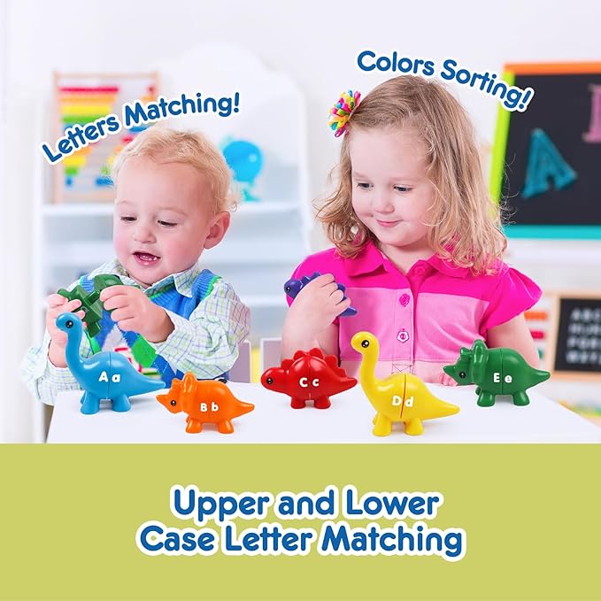 GKDOMS 26pcs Alphabet Dinosaurs Matching Toy, Toddlers ABC Learning Dinosaurs with Uppercase Lowercase, Match and Snap Fine Motor Game Preschool Learning Activities, Birthday Gifts for Boys & Girls