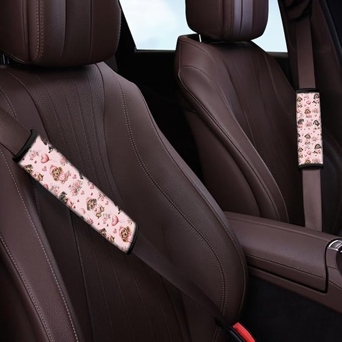 UNICEU Pink Love Hearts Dachshund Dog Seat Belt Cover Pad 2 Pack Soft Car Seat Belt Shoulder Strap Universal Fit SUV Trick Sedan