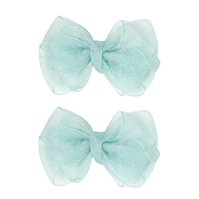 3.5-Inch Organza Hair Bows for Girls - Elegant Sheer Ribbon Alligator Clips for Toddlers, Kids, and Teens - Pack of 2, Green