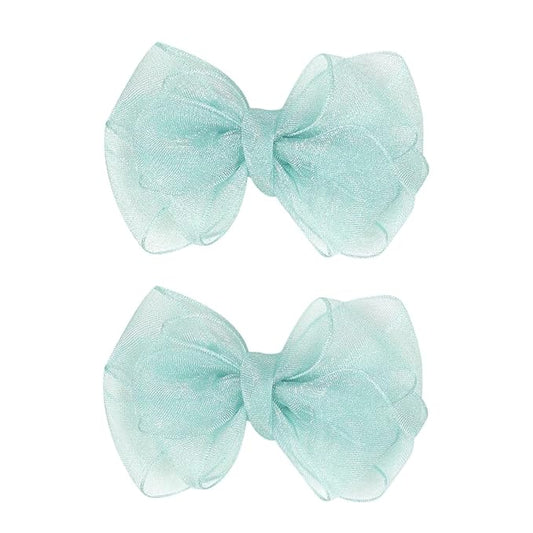 3.5-Inch Organza Hair Bows for Girls - Elegant Sheer Ribbon Alligator Clips for Toddlers, Kids, and Teens - Pack of 2, Green