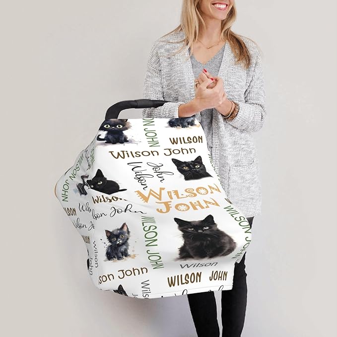 Personalized Car Seat Covers with Name, Cat Baby Canopy Carrier Cover, Breathable Breastfeeding Nursing Cover, Stretchy Multi-Use Infant Carseat Stroller Cover