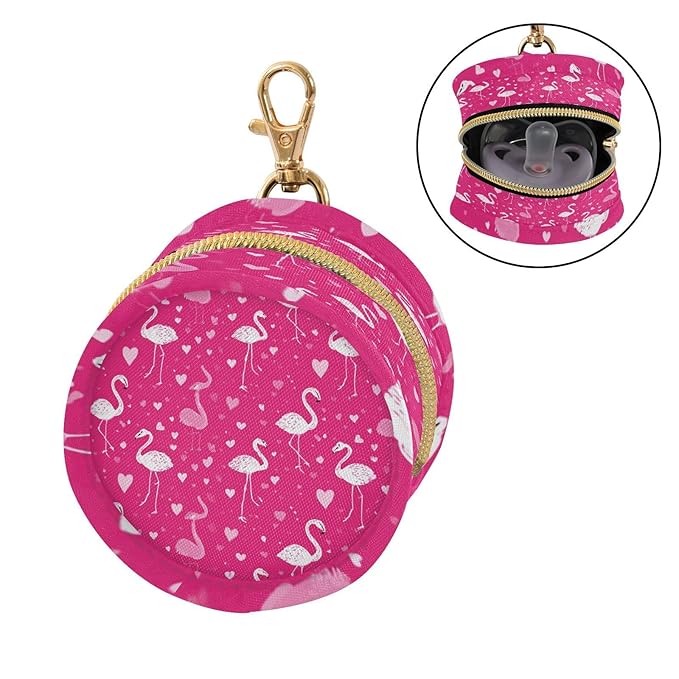 Pacifier Holder with Clip Pacifier Case for Diaper Bag Round Baby Pacifier Pouch Box Bag Portable Hot Pink Flamingos and Hearts