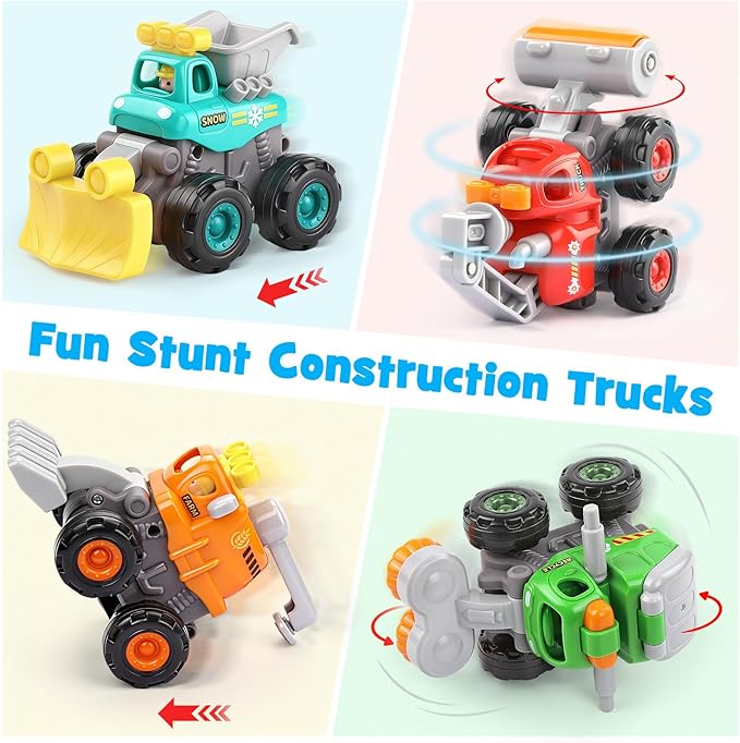 ORWINE Baby Boy Toys Cars, Push and Go Cars for Kids, Friction Powered Stunt Trucks, 4PCS Construction Vehicles Baby Toys for 2 3 4 5 Years Old Boys Girls, Birthday for Toddler Age 2-3