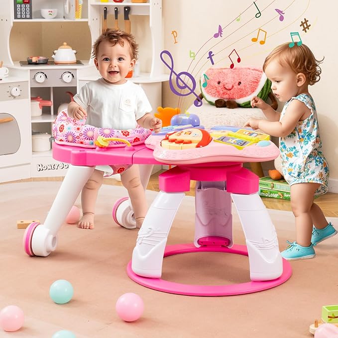 INFANS 3 in 1 Walk Around Baby Activity Center, Baby Walker with Play Table, Wheels, Detachable Seat Cushion, 3 Adjustable Heights, Learning Toys for Boys Girls Aged 6-36 Months (Pink)