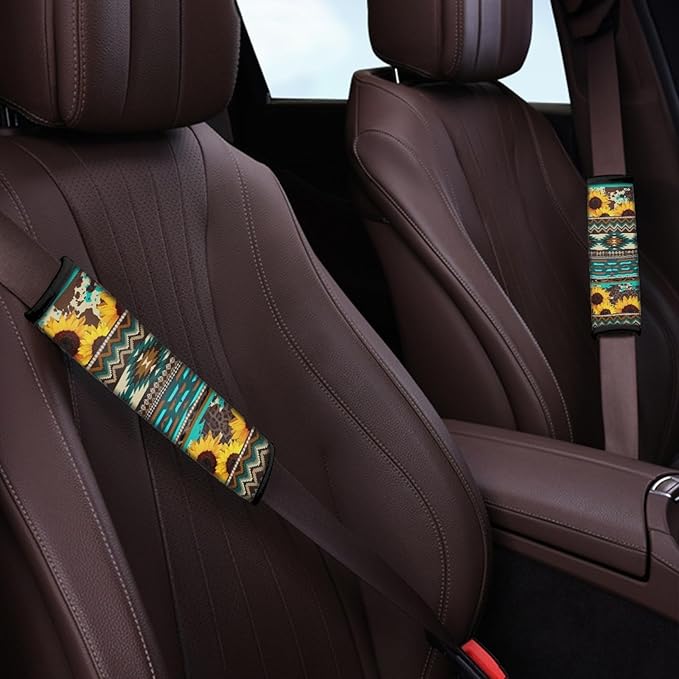 UNICEU Sunflower Navajo Tribal Geometric Car Seatbelt Pads Comfort Soft Auto Interior Seat Belt Shoulder Strap Cushion for Car/Bag, Car Seatbelt Harness Pads
