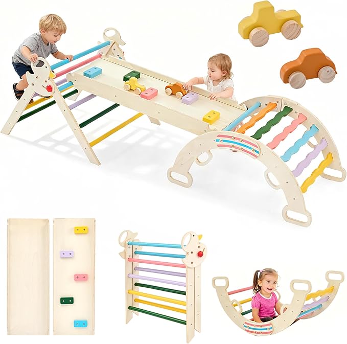 DUMOS Pikler Triangle Set, Toddler Climbing Toys and Play Structure Indoor, 9-in-1 Wooden Montessori Climbing Set with Arch, Ramp and Ladder, Foldable Baby Jungle Gym, Multicolored