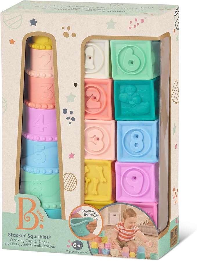 B. toys – Sensory Baby Toys – Soft Baby Blocks – Stacking Drip Cups – Numbers, Shapes & Animals – 6+ Months – Stackin' Squishies
