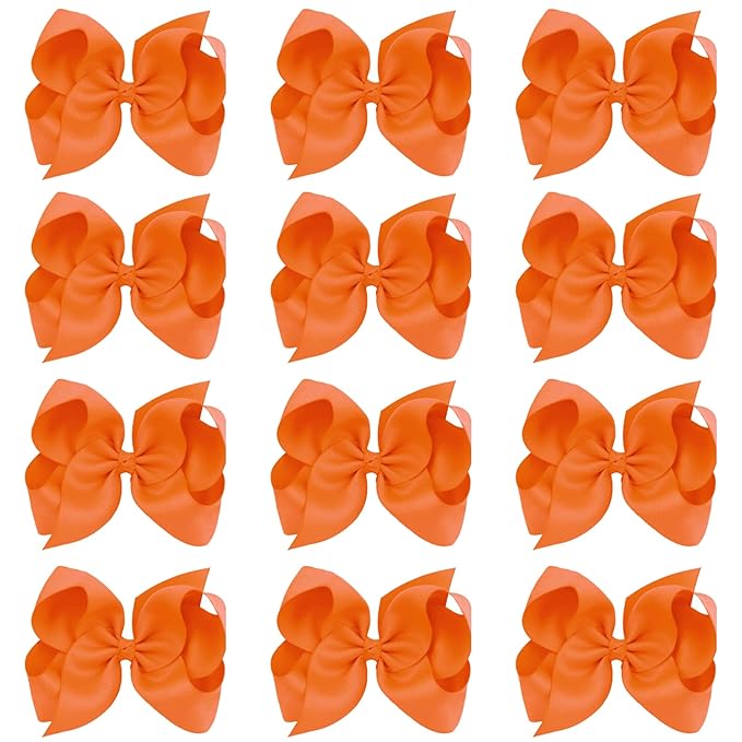 Oaoleer Big Hair Bows for Girls 12 PCS 6" Orange Grosgrain Ribbon Large Boutique Bow Alligator Clips Hair Accessories for Toddlers Little Girls Kids
