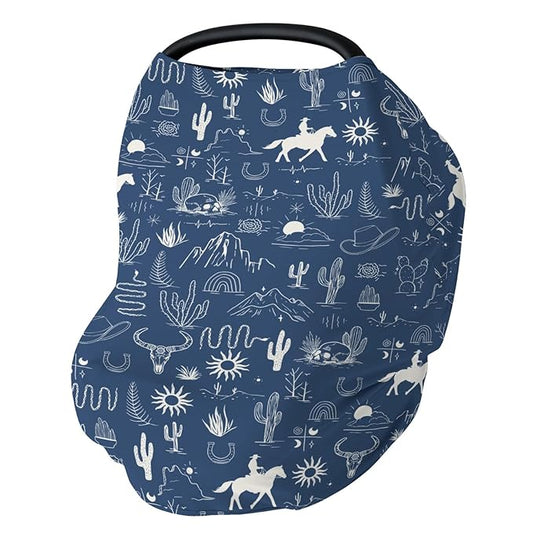 Western Cowboy Car Seat Cover for Babies Wild West Cactus Mountain Snake Cattle Skull Sun Stretchy 5-in-1 Covers Adjustable Car Canopy Breastfeeding Cover Desert Adventure Breathable Nursing Cover-Up