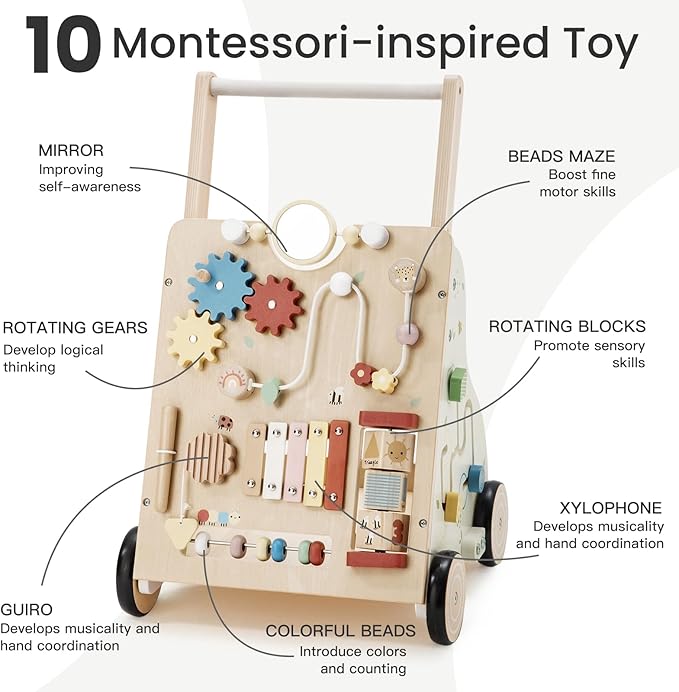 Wooden Baby Walker, Baby Push Walker for Boys and Girls 12 Months+, Adjustable Speed and Height Activity Walker, Montessori Push Toy for Toddler Learning to Walk