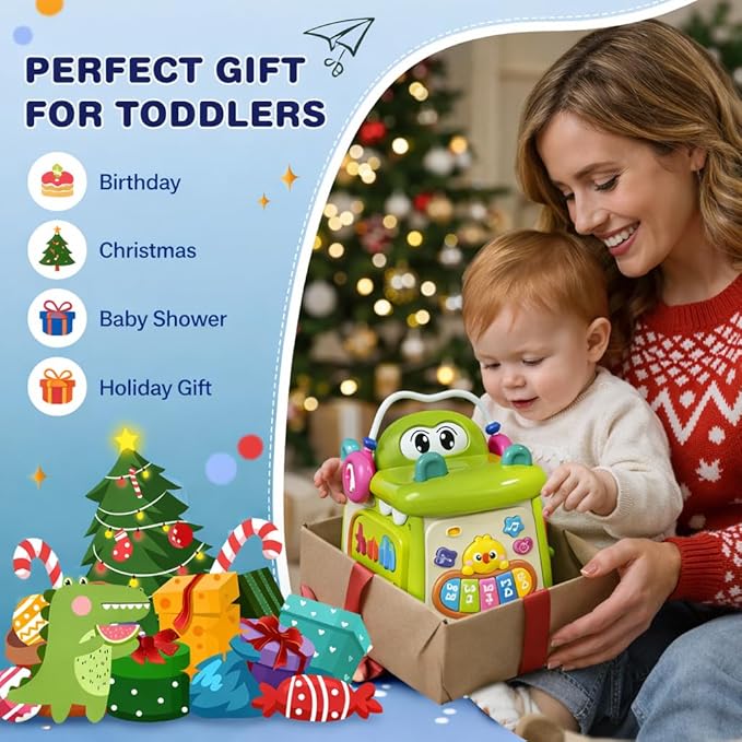 Qizebaby Montessori Activity Cube for Toddlers 1-3, Baby Activity Cube with Music & Lights, 8-in-1 Learning Toy with Shape Sorter & Bead Maze, Educational Toys for 12-36 Months Boys Girls