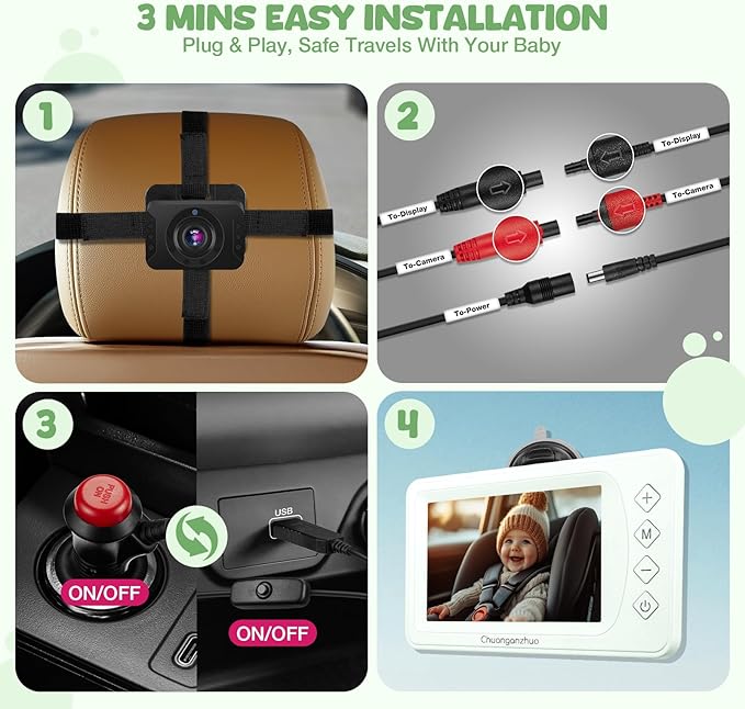 Baby Car Camera with Advanced Crystal-Clear Night Vision, 3X Zoom, USB Powered, 5'' AHD 1080P IPS Car Baby Monitor, Backseat Camera for Kids Infants Rear Facing Mirror, 5inch, Green