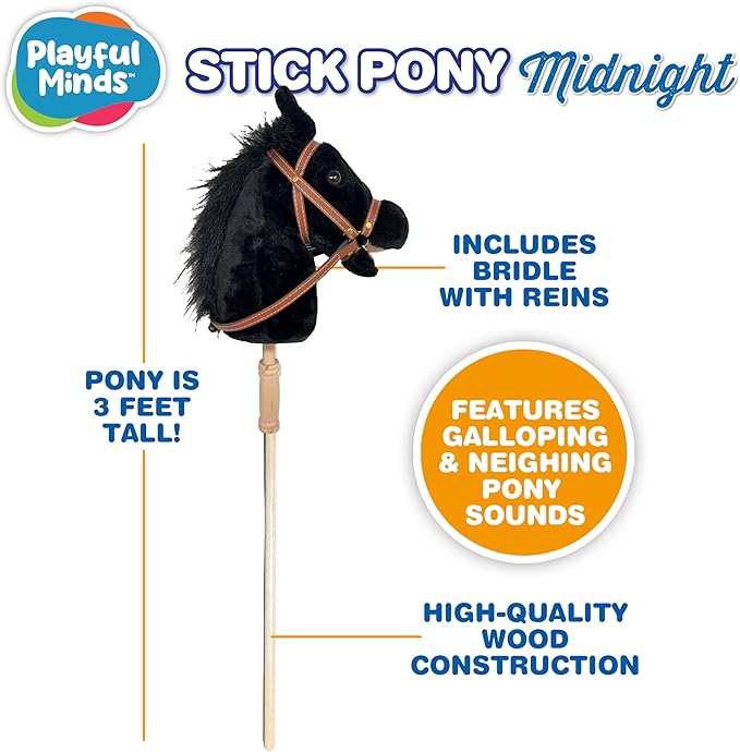 Nature Bound Stick Horse | Horse on a Stick with Sound Effects – Handcrafted Plush Stick Pony for Toddlers & Kids | Handsewn, Sturdy Wooden Handle | Pretend Play Horse Toy (Black)