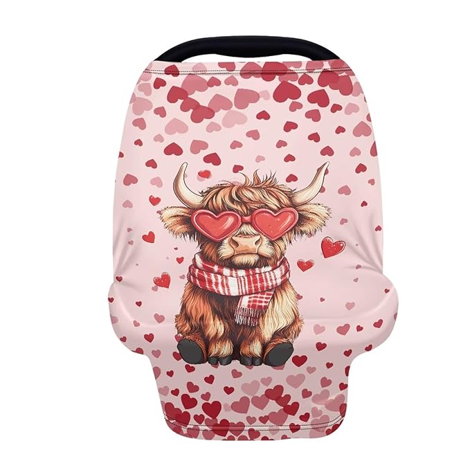 Wanyint Stretchy Baby Car Seat Cover Nursing Breastfeeding Shopping Cart High Chair Stroller Covers Infinity Scarf Car Seat Canopies for Valentine's Day, Highland Cow Heart Pink