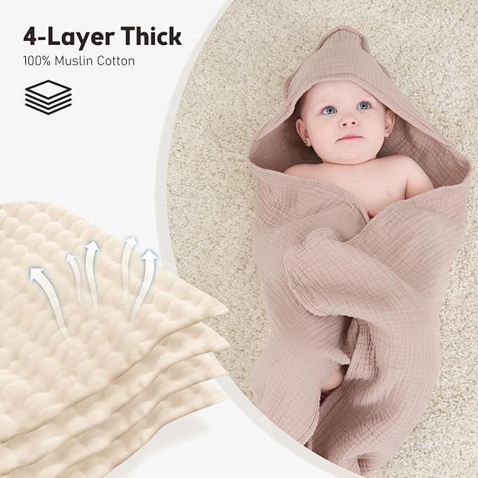 Susurration 2 Pack Thick Muslin Baby Towels, 100% Cotton Soft and Absorbent Baby Bath Hooded Towel for Newborn, Infant, Girls, Boys, Baby Essentials