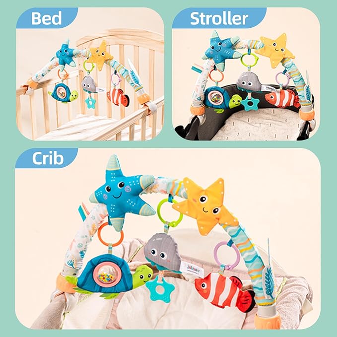 Baby Stroller Arch Toy for Infant & Toddler 0-6 Months, Musical Travel Car Seat Toys W/ Teether, Adjustable Mobile Arm for Crib, Bassinet, Pram, Bjorn Bounce Bar Activity Hanging Accessory 6-12(Sea)