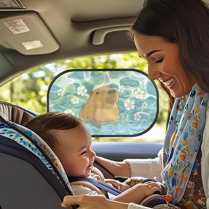 Bulopur 2 Pack Floral Capybara Window Shade Baby in Car Glare Shield Protection Cute Side Window Screens Easy to Install UV Protection Breathable Universal Fit