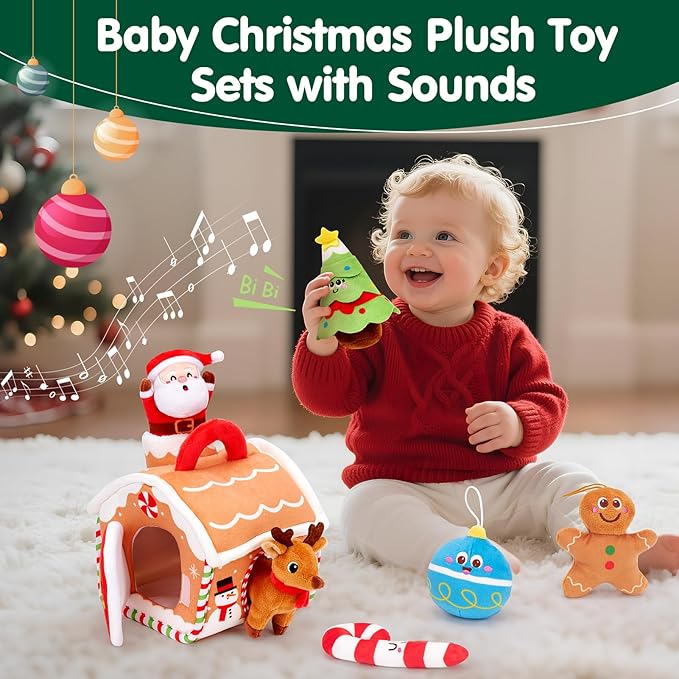 hahaland Baby Toy for 6–12 Months – Musical & Sensory Plush Toy Set with Gingerbread House, Santa, Reindeer & Rattles, Soft Infant Activity Toys, Baby Easter Basket Stuffers