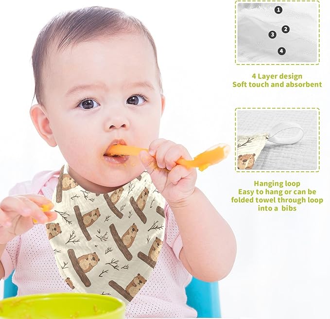 Beaver Baby Washcloths Newborn Muslin Burp Cloths 3 Pack Soft Cotton Baby Face Bath Towel Drool Bibs for Infants, Girls and Boys 11.8 x 11.8 Inch