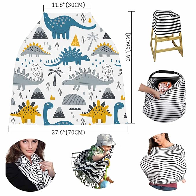 Cartoon Dinosaur Car Seat Covers for Babies Boy Girl Capony Covers Animal Nursing Cover Breastfeeding Scarf Soft Breathable Stretchy Coverage, Dino Wildlife Infant Stroller Cover Shopping Cart