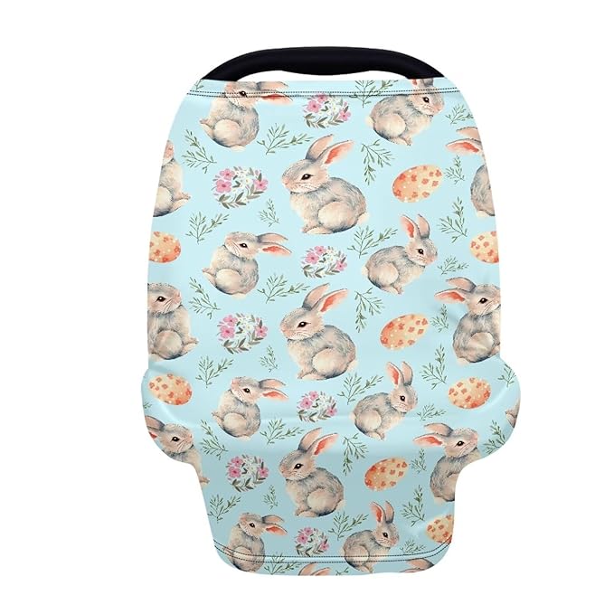 Wanyint Easter Rabbit Eggs Flower Blue Car Seat Covers for Boys Girls, Nursing Cover Carseat Canopy Baby Breastfeeding Cover Multi-use Nursing Scarf Infant Stroller Cover
