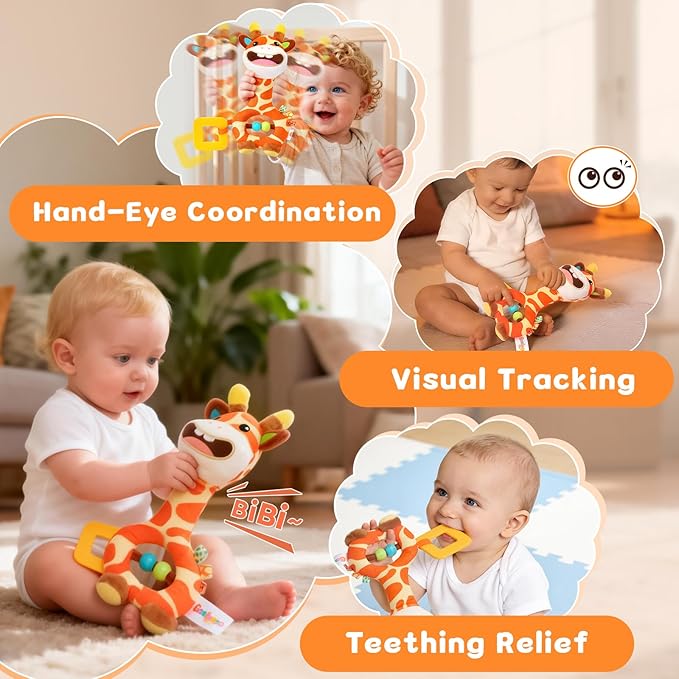 Baby Toy 0-12 Months - BPA-Free Soft Plush Sensory Toy with Gentle Squeaker, Safe Hand Grip & Teething Relief, Portable Newborn Toy for Diaper Bag, Baby Shower Gift (Orange Giraffe)