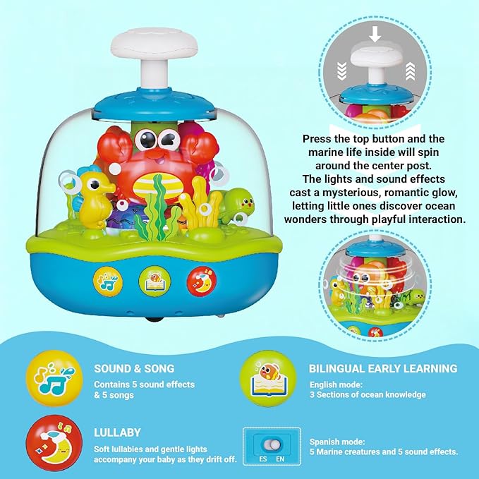MoraBaby Baby Toys 6-12-18 Months, Press & Spin Ocean Musical Light Up Toy | Bilingual Learning Educational Cause and Effect Toy for 1 Year Old Boy & Girl, Birthday Gifts for 1-3 Year Old