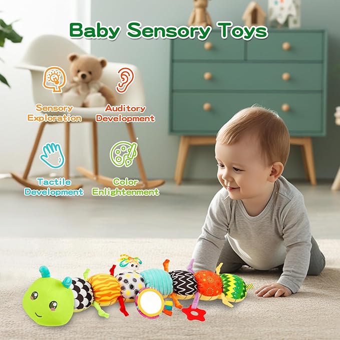 Baby Toys Musical Caterpillar for 0-12 Months, Infant Stuffed Animal with Mirror, Crinkle & Rattle, Tummy Time Toy for Newborn 3 6 9 12 18 Months, Baby Shower Gifts for Boys and Girls