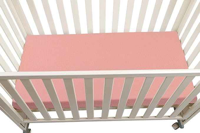 Onacosht Muslin Mini Crib Sheets, 39" x 27" Pack and Play Mattress Sheets Fitted for Pack N Play, Soft Cotton for Boys Girls, 2 Pack, Pink Blossom