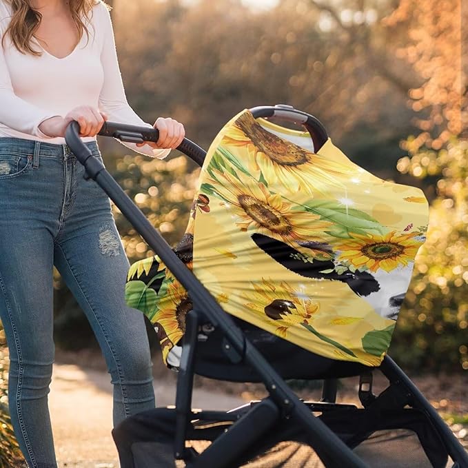 LedBack Highland Cow Baby Car Seat Cover Cow Car Seat Covers for Babies Sunflower Baby Stuff Nursing Cover Breastfeeding Cover,Soft Breathable Baby Carseat Canopy