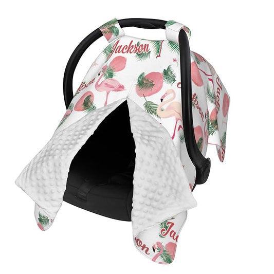 Personalized Car Seat Covers for Babies Custom Name Car Seat Canopy for Newborn Baby Boys Girls 2 in 1 Mom Nursing Breastfeeding Covers Flamingo Minky Baby Carrier Covers with Peekaboo Opening