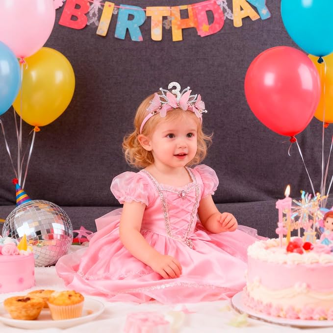 cherrboll Baby Girl Birthday Crown Floral Headband, Soft Flower Head Wrap Tiara Hairband for 1-3 Years Old Toddlers Kids 3rd Birthday Party Dress Photo Decoration