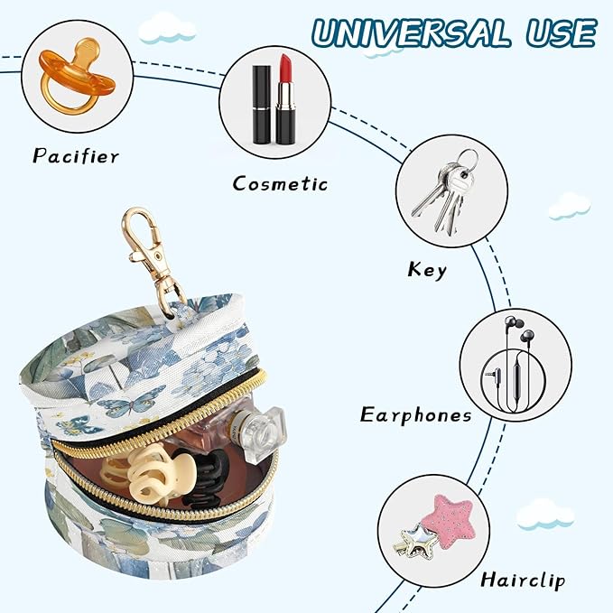 Pacifier Holder with Clip Pacifier Case for Diaper Bag Round Baby Pacifier Pouch Box Bag Portable Blue Hydrangea Butterfly