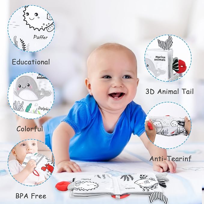 Vicloon Cloth Books, 3D Touch and Feel High Contrast Cloth Book, Baby Books Toys for Baby 0-12 Months, Soft Sensory Crinkle Book for Infants Toddler, Newborns Shower (Ocean)