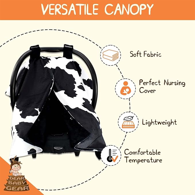 Dear Baby Gear Car Seat Cover for Boys & Girls - Baby Carseat Canopy w/Snap Opening - Infant Seat Cover - Stroller & Nursing Covers - Newborn Carrier Canopy - 40x30 (Black and White Holstein Cow)