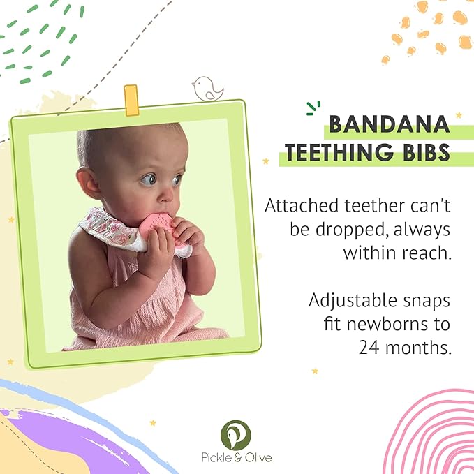 Pickle & Olive Baby Girl Bandana Teething Bibs - Attached Heart Teether - Set of 4 - Pink