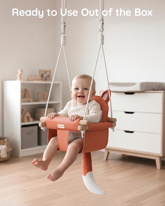 Wooden Baby Swing with Soft Safety Belt, Cozy Infant Swing Seat for Indoor & Outdoor Use, Adjustable Height, Includes Mounting Hardware – Suitable for Babies & Toddlers（Fox-Themed in Red）