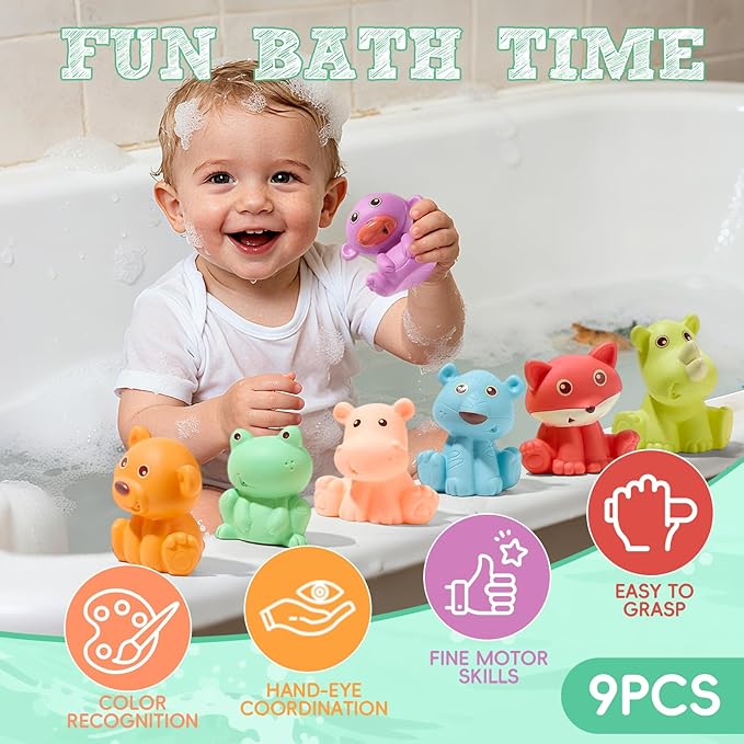 Baby Bath Toys for Babies 6-12 Months | Sealed, No Hole & Mold Free Bath Toys for Toddlers | Soft & Safe Floating Bathtub Water Pool Toys for Babies, 9 PCS Wild Animals Tub Toys