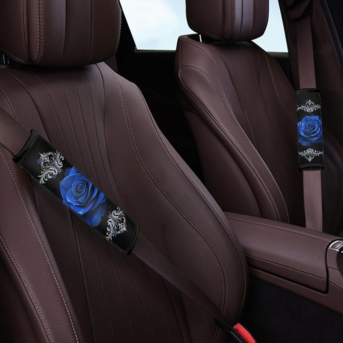 Biyejit Blue Rose Print 2Pcs Car Seat Belt Cover Shoulder Seatbelt Pads Cover, Safety Belt Strap Shoulder Pad for Adults and Children