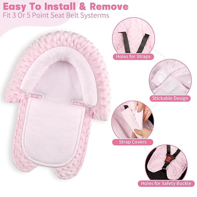 Infant Car Seat Insert, Baby Car Seat Head & Body Support with 2 Straps Pads, Ultra Soft Newborn Preemie Carseat Insert Cushion for Girls Boys, Fits Car Seat, Stroller, Swing, Bouncer, Pink