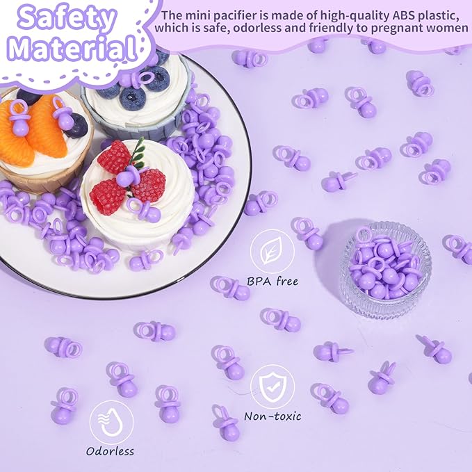 Baby Shower Pacifiers, 150 Mini Pacifiers for Baby Shower, Cute Plastic Pacifiers for Baby Shower Game, Decoration DIY, Gender Reveal Party Table Scatter/Baby Shower Party Favors (Purple)