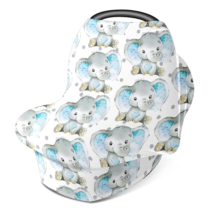 FCZ Baby Car Seat & Stroller Covers - Elephant Jungle Nursing Cover - Breathable Cotton - White/Blue - Not Water Resistant